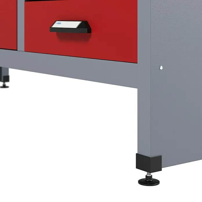 Küpper Werkbank - L x B: 60 x 170 cm, Arbeitshöhe: 84 cm, Belastbarkeit: 300 kg, Rot/Silbergrau, Anzahl Schubladen: 9 Stk. - Detailansicht eines Werkstattschranks mit roten Schubladen und einem stabilen, grauen Rahmen. Die verstellbaren Füße sorgen für einen sicheren Stand.