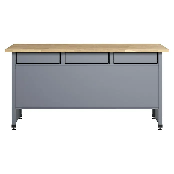 Küpper Werkbank - L x B: 60 x 170 cm, Arbeitshöhe: 84 cm, Belastbarkeit: 300 kg, Rot/Silbergrau - Graue Werkbank mit drei Schubladen und einer hellen Holzplatte. Die Werkbank steht auf kleinen Rollen und ist für den Werkstattgebrauch ideal.