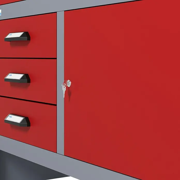 Küpper Werkbank - L x B: 60 x 170 cm, Arbeitshöhe: 84 cm, Belastbarkeit: 300 kg, Rot/Silbergrau, Anzahl Schubladen: 9 Stk. - Rotes Werkzeugschrank-Set mit Schubladen und abschließbarem Fach, ideal für Werkstätten und Garagen zur sicheren Aufbewahrung von Werkzeugen.