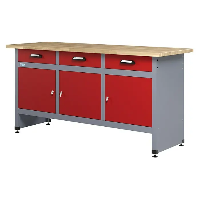 Küpper Werkbank - L x B: 60 x 170 cm, Arbeitshöhe: 84 cm, Belastbarkeit: 300 kg, Rot/Silbergrau - Werkbank mit drei Schubladen, drei abschließbaren Fächern und einer hölzernen Arbeitsfläche. Ideal für Werkstätten.