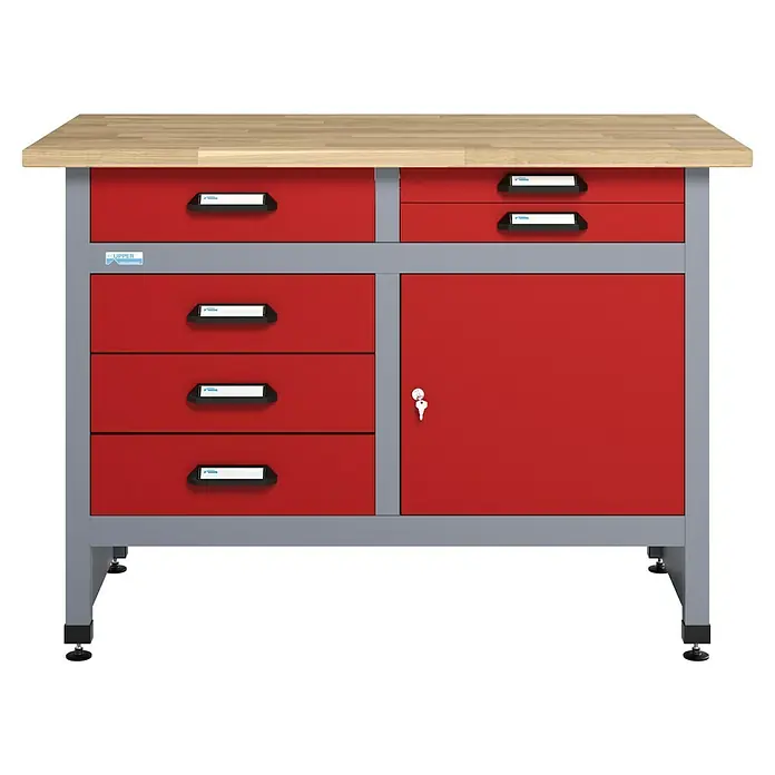 Küpper Werkbank - L x B: 60 x 120 cm, Arbeitshöhe: 84 cm, Belastbarkeit: 300 kg, Rot/Silbergrau - Abbildung einer Werkbank mit Schubladen und einer Tür, ideal für die Werkstatt.