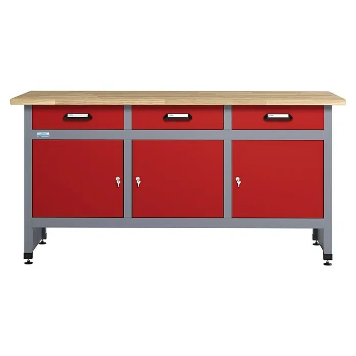 Küpper Werkbank - L x B: 60 x 170 cm, Arbeitshöhe: 84 cm, Belastbarkeit: 300 kg, Rot/Silbergrau - Werkbank mit drei Schubladen, drei abschließbaren Fächern und einer hellen Arbeitsplatte. Ideal für Werkstatt und Hobbyraum.