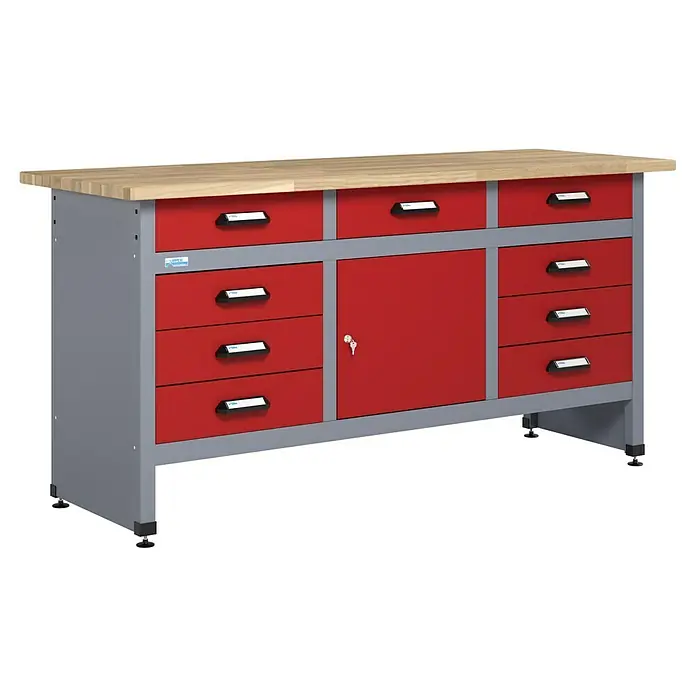 Küpper Werkbank - L x B: 60 x 170 cm, Arbeitshöhe: 84 cm, Belastbarkeit: 300 kg, Rot/Silbergrau, Anzahl Schubladen: 9 Stk. - Werkbank mit Schubladen und Schrank: Eine robuste und praktische Werkstatteinrichtung für Ordnung und effizientes Arbeiten.