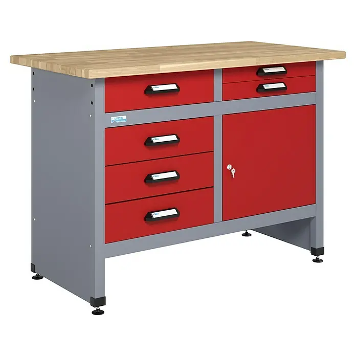 Küpper Werkbank - L x B: 60 x 120 cm, Arbeitshöhe: 84 cm, Belastbarkeit: 300 kg, Rot/Silbergrau - Diese Werkbank bietet praktischen Stauraum mit Schubladen und einem abschließbaren Schrank. Die Werkbank verfügt über eine robuste Arbeitsfläche.