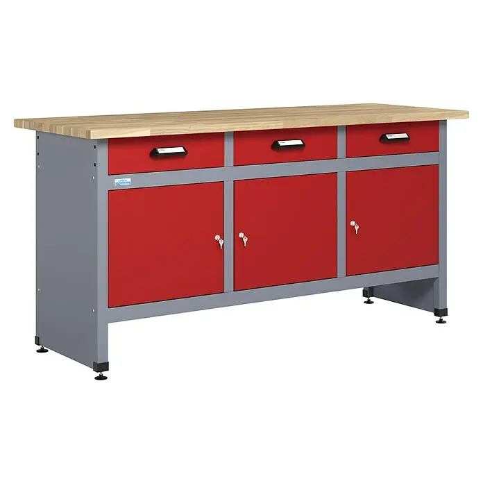 Küpper Werkbank - L x B: 60 x 170 cm, Arbeitshöhe: 84 cm, Belastbarkeit: 300 kg, Rot/Silbergrau - Die Abbildung zeigt eine Werkbank mit drei Schubladen und drei Schrankfächern, ideal für Werkstätten und Hobbyräume.