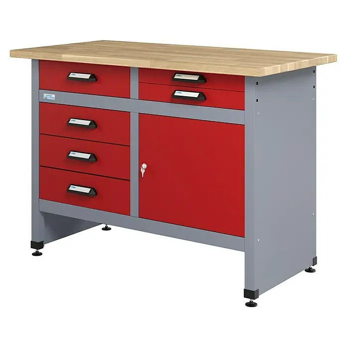 Küpper Werkbank - L x B: 60 x 120 cm, Arbeitshöhe: 84 cm, Belastbarkeit: 300 kg, Rot/Silbergrau - Werkbank mit Schubladen und Schrank in Rot und Grau mit einer hellen Holzarbeitsfläche.