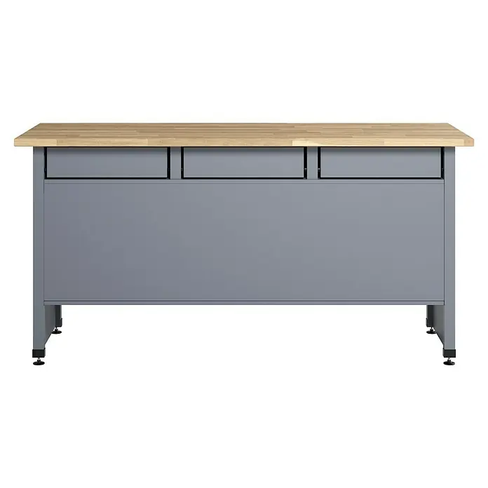 Küpper Werkbank - L x B: 60 x 170 cm, Arbeitshöhe: 84 cm, Belastbarkeit: 300 kg, Rot/Silbergrau, Anzahl Schubladen: 9 Stk. - Eine graue Werkbank mit einer hellen Holzplatte und drei Schubladen. Das robuste Möbelstück steht auf Rollen.