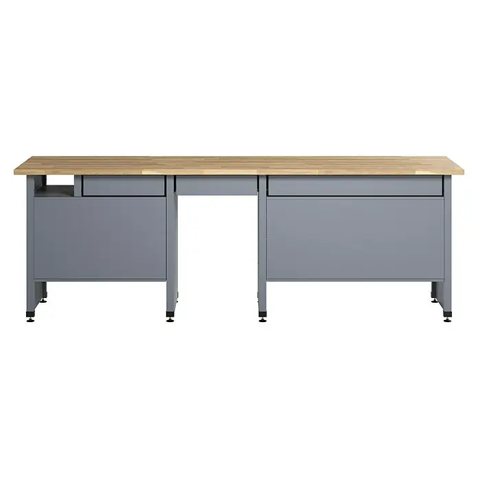 Küpper Werkbank - L x B: 60 x 240 cm, Arbeitshöhe: 84 cm, Belastbarkeit: 300 kg, Rot/Silbergrau - Werkbank mit Holzplatte und grauen Schränken. Ideal für Werkstätten, Garagen oder Hobbyräume. Solide und robust.