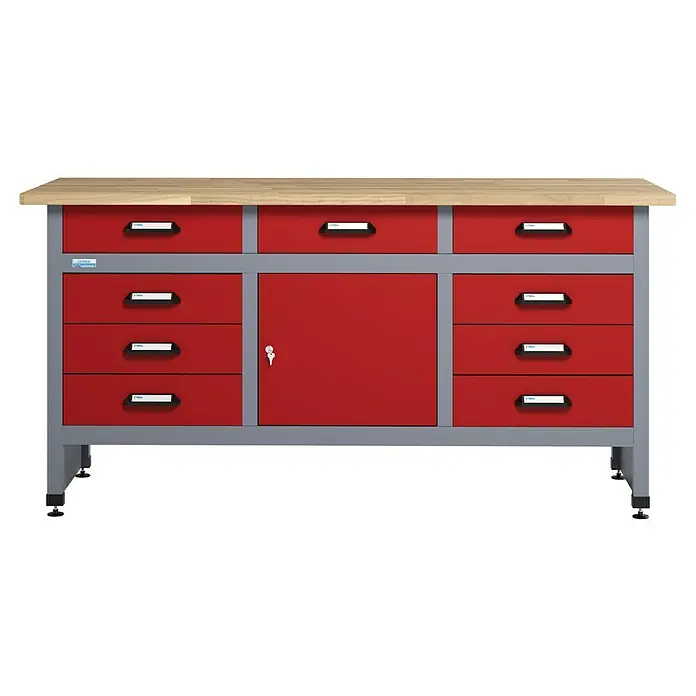 Küpper Werkbank - L x B: 60 x 170 cm, Arbeitshöhe: 84 cm, Belastbarkeit: 300 kg, Rot/Silbergrau, Anzahl Schubladen: 9 Stk. - Werkbank mit Schubladen und Schrank mit roter Front und hellbrauner Arbeitsplatte.
