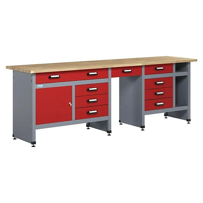 Küpper Werkbank - L x B: 60 x 240 cm, Arbeitshöhe: 84 cm, Belastbarkeit: 300 kg, Rot/Silbergrau - Werkbank mit Schubladen und Schrank, Arbeitsplatte aus Holz, ideal für Werkstätten. Stabile Konstruktion für den täglichen Gebrauch.