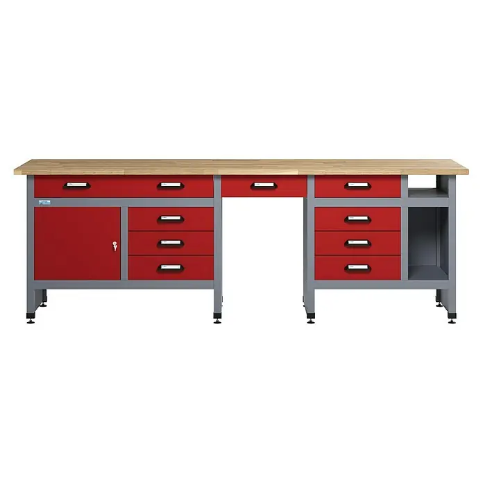 Küpper Werkbank - L x B: 60 x 240 cm, Arbeitshöhe: 84 cm, Belastbarkeit: 300 kg, Rot/Silbergrau - Werkbank mit einer hellen Arbeitsplatte, roten Schubladen und einer Tür zur Aufbewahrung von Werkzeugen und Geräten.