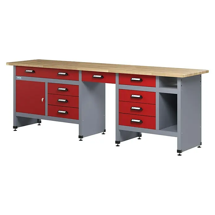 Küpper Werkbank - L x B: 60 x 240 cm, Arbeitshöhe: 84 cm, Belastbarkeit: 300 kg, Rot/Silbergrau - Werkbank mit Schubladen und Schrank, ideal für Werkstätten.
