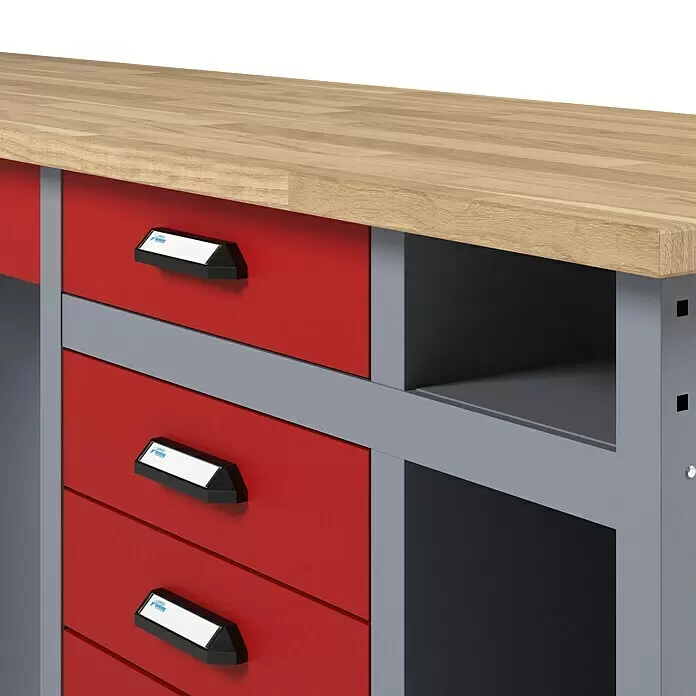 Küpper Werkbank - L x B: 60 x 240 cm, Arbeitshöhe: 84 cm, Belastbarkeit: 300 kg, Rot/Silbergrau - Werkbank mit heller Holzplatte, roten Schubladen und grauem Rahmen mit offenen Ablagefächern.