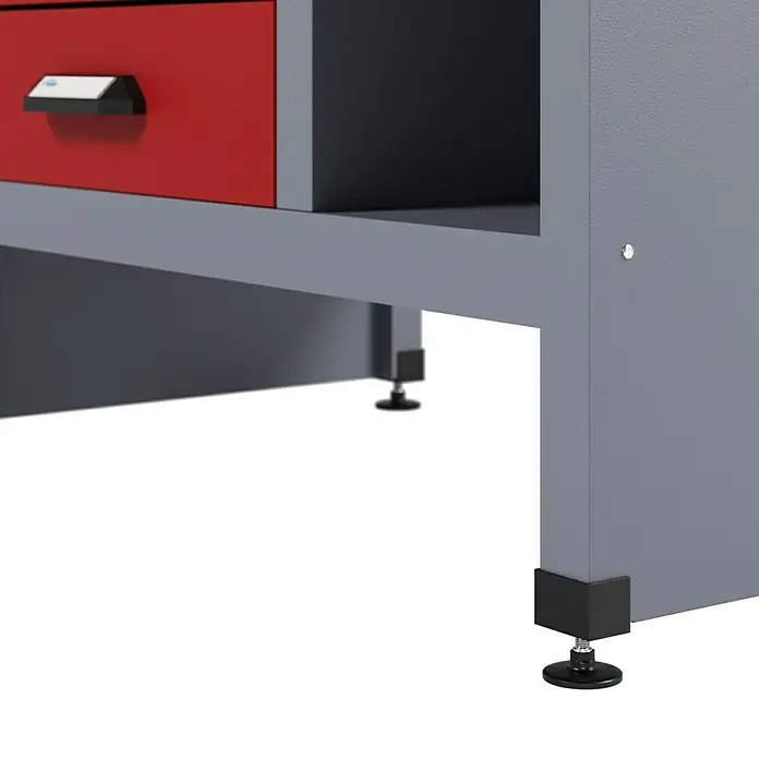 Küpper Werkbank - L x B: 60 x 240 cm, Arbeitshöhe: 84 cm, Belastbarkeit: 300 kg, Rot/Silbergrau - Detailaufnahme eines Werkstattschranks mit roter Schublade, grauem Rahmen und verstellbaren Füßen für Stabilität.