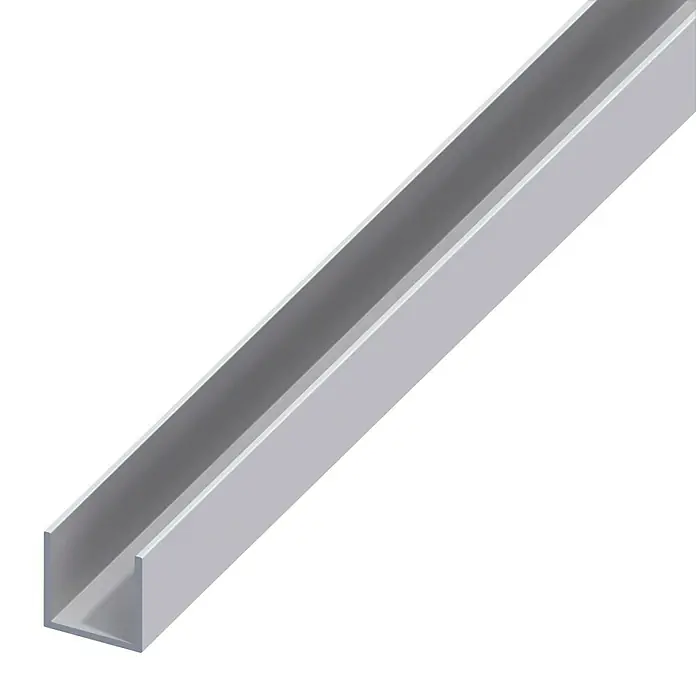 Kantoflex U-Profil - 2.000 x 20 x 20 mm, Stärke: 1,5 mm, Silber - Nahaufnahme eines silbernen U-Profils, das sich diagonal durch das Bild erstreckt und seine Form betont.