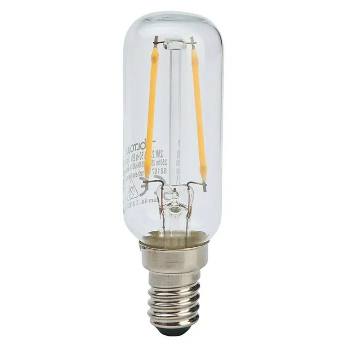 Voltolux Bombilla LED Filament Röhre - E14, No regulable, Blanco cálido, 250 lm, 2,5 W - Primer plano de una bombilla tubular LED E14 con un revestimiento de vidrio transparente y dos filamentos, ideal para iluminación decorativa y eficiente.