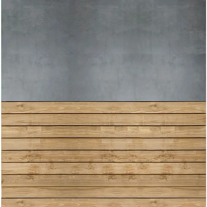 Gartenmöbel-Set Zoe/Eva - 5 -tlg., Teakholz/Keramik/Aluminium/Rattan, Naturbraun/Anthrazit - Das Bild zeigt eine Wand mit einer grauen Betonoberfläche im oberen Bereich und einer horizontalen Holzverkleidung im unteren Bereich. Das Holz hat eine warme, natürliche Farbe.