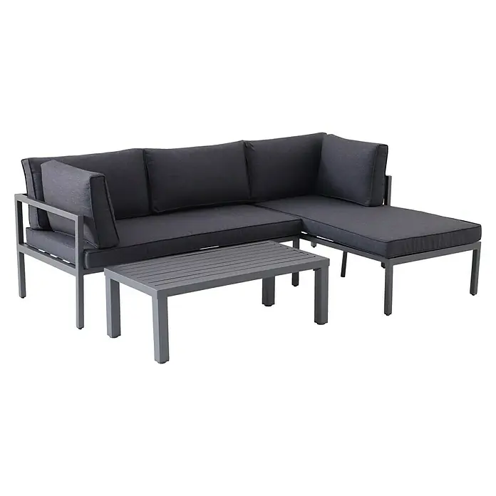 Sunfun Loungemöbel-Set Maja/String - 4 -tlg., Aluminium/Polyesterfaser, Metall/Kunststoff, Anthrazit/Schwarz - Graues Gartensofa mit passendem Tisch. Das Set bietet bequeme Sitzgelegenheiten und eine Ablagefläche für den Außenbereich.