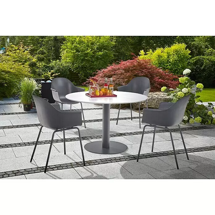 Gartentisch rund - Ø x H: 110 x 74 cm, Stahl, Compofit, Schwarz/Hellgrau - Gartensitzgruppe mit rundem weißem Tisch und vier dunkelgrauen Stühlen auf einer gepflasterten Terrasse.