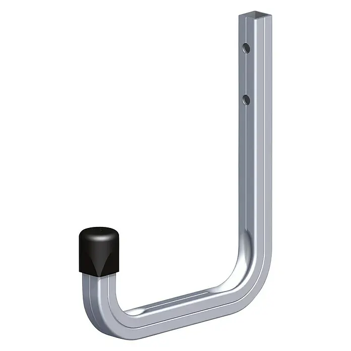 Kantoflex Coaxis Haken - 115 x 140 mm, Aluminium, Schutzkappe, Traglast: 30 kg, Wandmontage, Passend für: Coaxis Profile - Bild einer Garagenhaken-Aufbewahrungslösung für Werkzeuge. Der silberne Haken hat eine schwarze Schutzkappe und Befestigungslöcher.