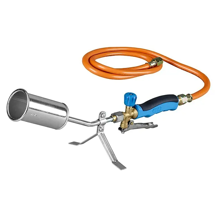 CFH Unkrautvernichter Abflammgerät ST 500 - Schlauchlänge: 1,5 m, Arbeitstemperatur: 1.800 °C - Ein Unkrautbrenner mit blauem Griff, Flammenrohr und orangefarbenem Schlauch vor einem schwarzen Hintergrund.