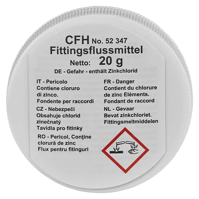 CFH Flussmittel FM347 - 20 g, Geeignet für: Weichlöten - Dose mit CFH-Fittingsflussmittel, 20g Nettoinhalt, Gefahrenhinweis: enthält Zinkchlorid.