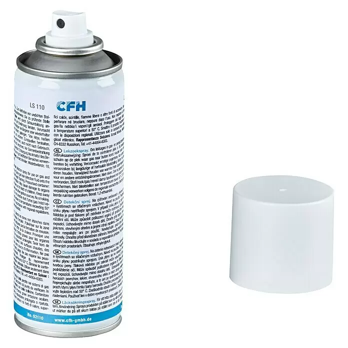 CFH Lecksuchspray Control Plus - Passend für: Druckluftleitungen, Schläuche, Verschraubungen, Schweißnähte, Flaschenverbindungen - Eine weiße Metallsprühdose mit weißer Kunststoffdüse und separater weißer Kappe. Es ist ein Lecksuchspray.