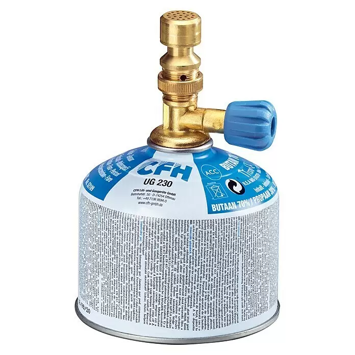 CFH Bunsenbrenner BL 1700 - Arbeitstemperatur: 650 °C - CFH UG 230 Gaskartusche mit Messingventil und blauem Drehknopf.