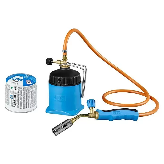 CFH Kartuschen-Lötgerät LM 3000 - Arbeitstemperatur: 650 °C, Schlauch - CFH Gaslötset mit blauer Butangasdose, blauem Gasbehälter, orangefarbenem Schlauch und blau-messingfarbenem Brenner.