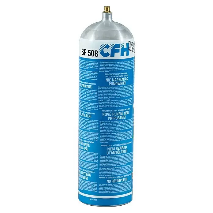 CFH Sauerstoff-Flasche - 2,15 l, Geeignet für: Autogenschweißen - Silberne Gasflasche mit Messinggewinde und blauem Etikett. Es ist eine nicht nachfüllbare Sauerstoffflasche SF 508 CFH, hergestellt in Deutschland.