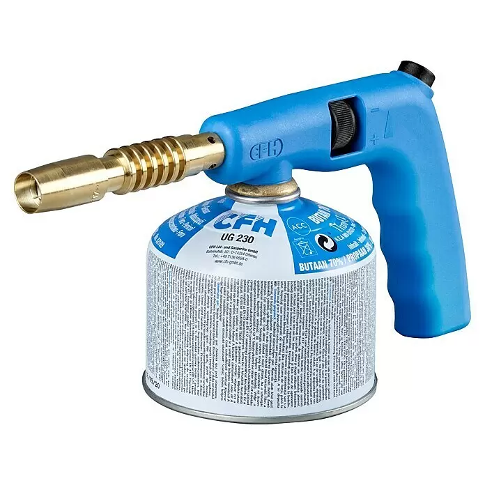 CFH Kartuschen-Lötgerät PC 140 - Arbeitstemperatur: 730 °C - Blauer Gasbrenner mit Messingdüse, an einer Gaskartusche befestigt.