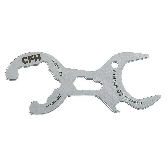 CFH Doppelmaulschlüssel GF419 Gasflaschenschlüssel - Schlüsselweite: 6 mm - 10 mm - Das Bild zeigt ein CFH-Multifunktionswerkzeug, das verschiedene Schraubenschlüsselgrößen und -formen für unterschiedliche Anwendungen bietet.