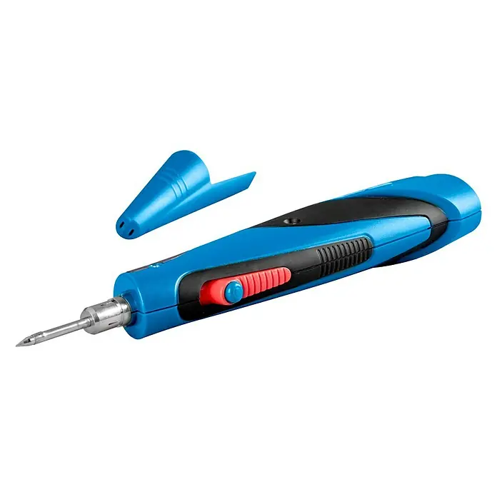 CFH Lötkolben BK 212 - Arbeitstemperatur: 550 °C, Batteriebetrieben - Ein blaues Lötkolben-Set mit Schutzkappe liegt auf schwarzem Hintergrund. Ideal für präzise Lötarbeiten und sichere Aufbewahrung.