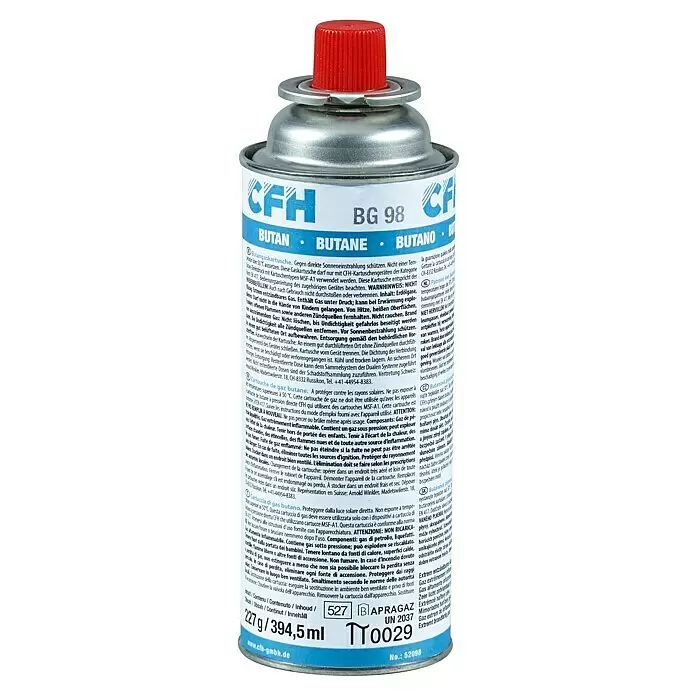 CFH Ventilkartusche BG98 - 277 g - Silberne CFH Butangas Kartusche mit rotem Deckel und Sicherheitshinweisen beschriftet.