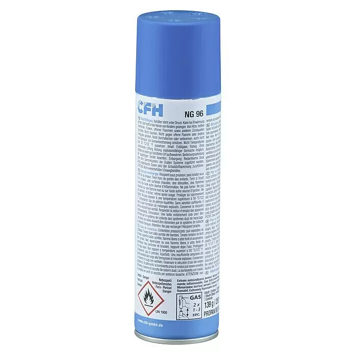 CFH Gas-Nachfüllkartusche - 250 ml - Eine blaue Gasnachfüllflasche mit weißem mehrsprachigem Etikett.