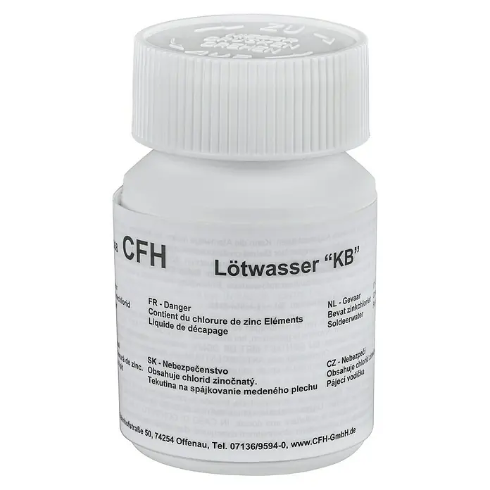 CFH Lötwasser Kupferblech LWK368 - 100 g, Passend für: Lötzinn 30537134 - Lötmittel CFH Lötwasser "KB" in einer weißen Kunststoffflasche. Enthält Zinkchlorid und ist für verschiedene Metalle geeignet.