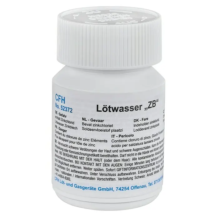 CFH Lötwasser Zinkblech LWK372 - 100 g, Passend für: Lötzinn 30533141 - Bild einer Flasche Lötwasser "ZB" der Marke CFH, einem Flussmittel zum Löten, das Zinkchlorid enthält und ätzend ist.