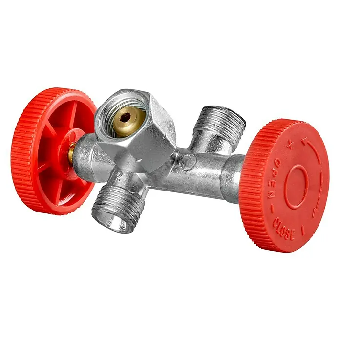CFH Doppelabzweigventil ZV492 - Passend für: Druckregler mit 1/4″ L-Anschluss - Nahaufnahme eines Mehrwegeventils mit roten Griffen zur Steuerung des Durchflusses in Sanitäranwendungen.