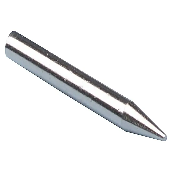 CFH Lötspitze LS 129 - Passend für: CFH 15-Watt-Elektrolötkolben 30535138 - Nahaufnahme einer glänzenden, silberfarbenen Lötspitze, die sich zu einer feinen Spitze verjüngt, ideal zum präzisen Löten.