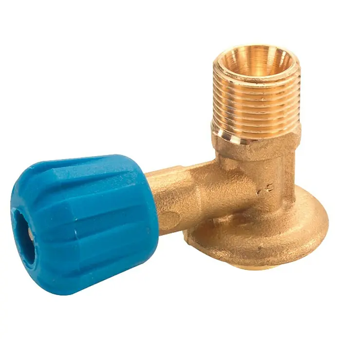 CFH Gasflaschenventil AVA121 - ⅜″ - Eine Messing-Gaszufuhr mit einem blauen Griff zum Regulieren des Gasflusses und einem Gewindeanschluss für die Installation.