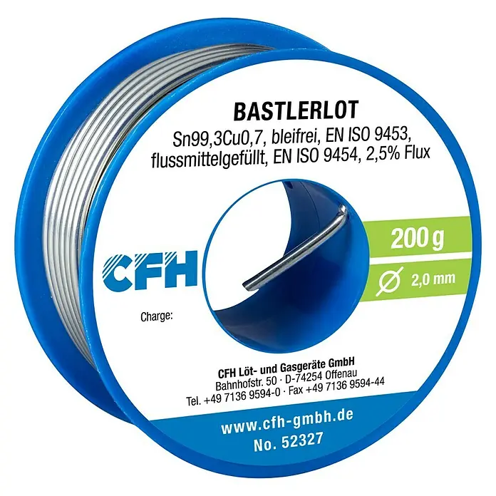 CFH Bastlerlot BL 327 - 200 g, Geeignet für: Lötarbeiten - Rolle bleifreies BASTLERLOT Lötzinn (Sn99,3Cu0,7) mit Flussmittel, 200g, Durchmesser 2,0 mm, von CFH Löt- und Gasgeräte GmbH.