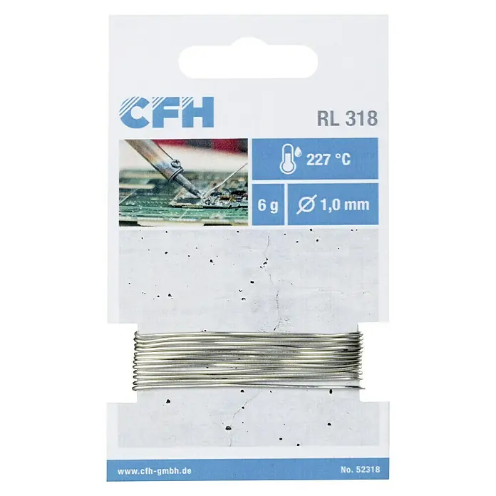 CFH Radiolot RL318 - Durchmesser: 1 mm, 6 g - Abbildung eines CFH RL 318 Lötdrahts auf einer Spule mit technischen Details wie 227°C Schmelzpunkt und 1,0 mm Durchmesser.