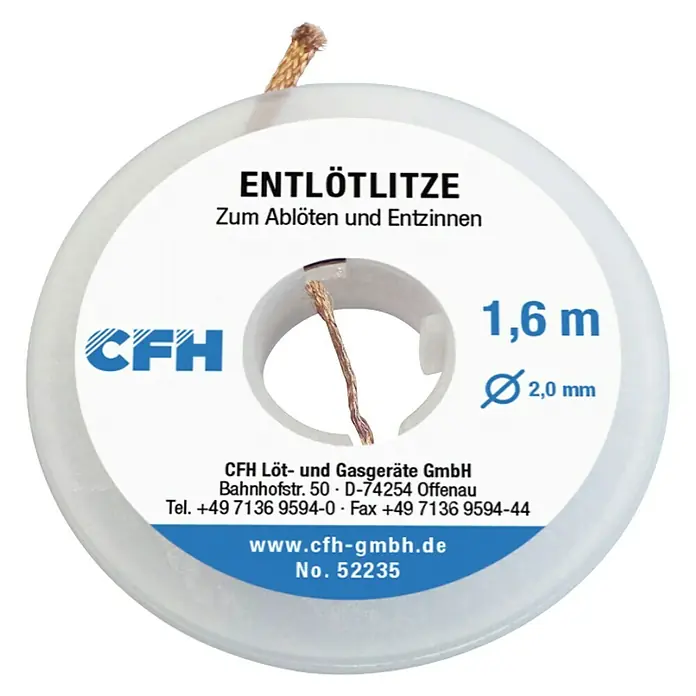 CFH Entlötlitze EL 235 - Geeignet für: Lötarbeiten - Abbildung einer Rolle CFH Entlötlitze mit 1,6 m Länge und 2,0 mm Durchmesser zum Ablöten und Entzinnen.