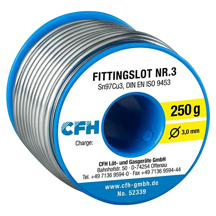 CFH Fittingslot FL339 - Nettomasse: 250 g, Durchmesser: 3 mm - Eine Rolle CFH FITTINGSLOT NR.3 Lötdraht, 250 g, 3,0 mm Durchmesser, mit der Legierung Sn97Cu3 nach DIN EN ISO 9453.
