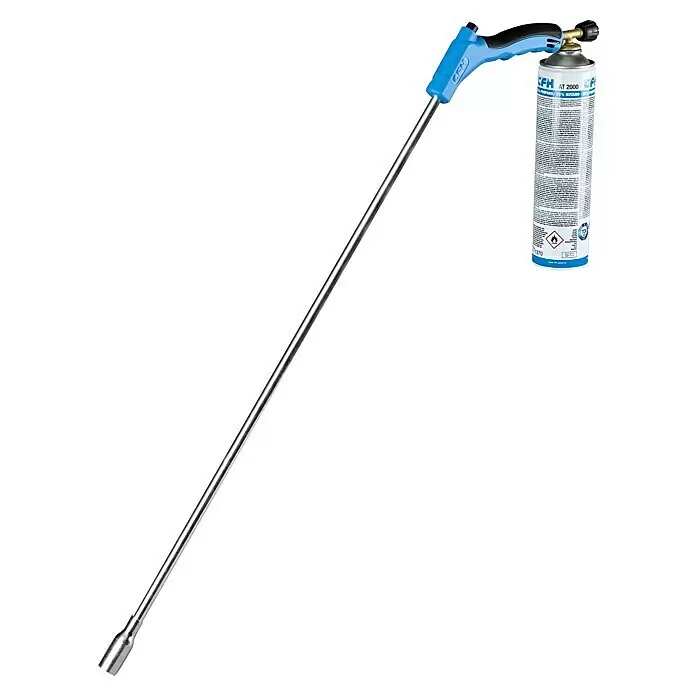 CFH Unkrautvernichter Bio-Gärtner PZ 7000 Premium - Arbeitstemperatur: 1.000 °C - Langstieliger blau-schwarzer Gasbrenner mit silbernem Metallschaft, verbunden mit einer blau-silbernen Gaskartusche zum Abflammen von Unkraut.