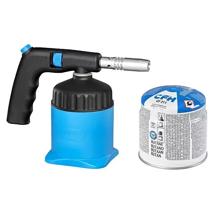 CFH Kartuschen-Lötgerät PZ 5000 - Arbeitstemperatur: 730 °C, Piezo-Zündung - Eine schwarze und blaue Gaslötlampe mit einer silbernen Düse, neben einer blauen und weißen Butangaspatrone.