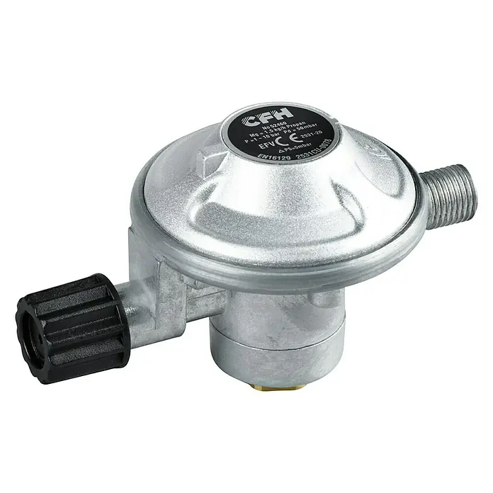CFH Druckminderer DR460 - Druck: 50 mbar - Nahaufnahme eines CFH-Gasdruckreglers aus Metall mit schwarzem Knopf zur präzisen Druckeinstellung.