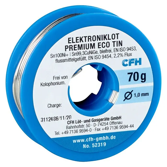 CFH Elektroniklot Premium ECO Tin 319 - Durchmesser: 1 mm, 70 g - Aufnahme von CFH Elektroniklot Premium Eco Tin, bleifreies Lötzinn mit Flussmittel, 70g Spule, Durchmesser 1,0mm.