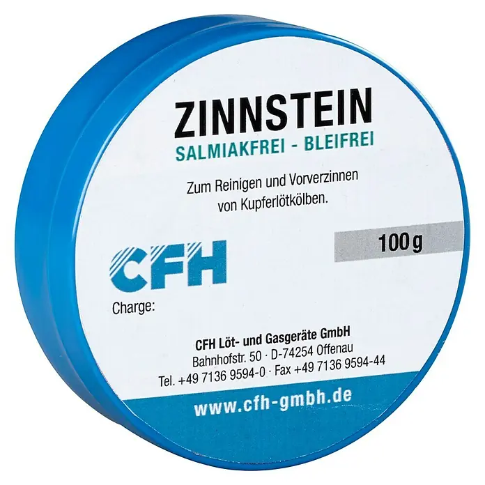 CFH Lötspitzenreiniger ZS231 - Geeignet für: Lötarbeiten - Abbildung einer Dose Zinnstein, salmiak- und bleifreies Reinigungsmittel zum Verzinnen von Kupferlötkolben, hergestellt von CFH, mit 100g Inhalt.