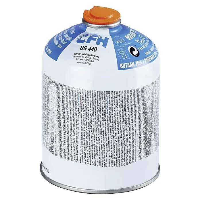 CFH Multigas UG440 - 770 ml - CFH UG 440 Butan/Propan-Gaskartusche, blau & weiß mit orangefarbener Kappe.